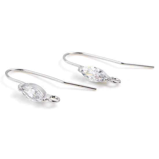 Bild von 2 Stück Messing Ohrhaken-Ohrringe für DIY-Schmuckherstellungszubehör Echt Platin plattiert Marquise Transparent Strass Mit Öse 20mm x 4mm, Drahtst?rke: 0.7mm(21 Gauge)