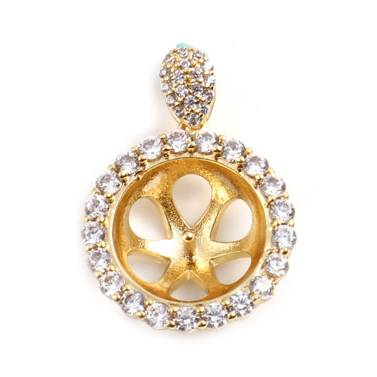 Image de Bélière pour Perle Micro Pave en Laiton Plaqué Or Véritable 18K Rond Épaisseur d'Aiguille 0.8mm, à Zircone Cubique Clair 23mm x 17mm, 1 Pièce
