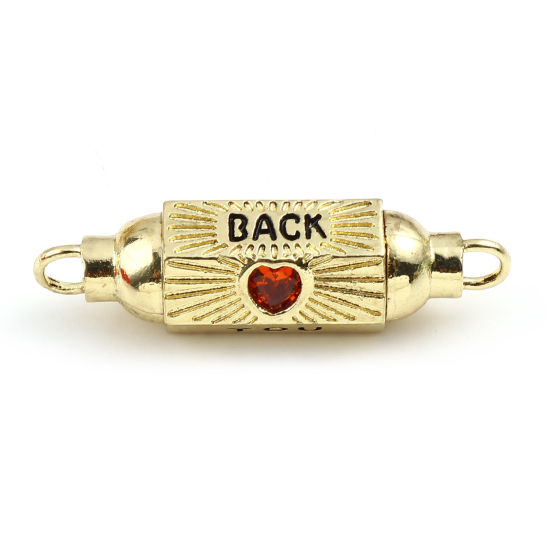 Immagine di Ottone San Valentino Connettore Prisma Esagonale Oro Placcato Nero Cuore Lettere " YOU BACK " Smalto Arancione Strass 36mm x 11mm, 1 Pz