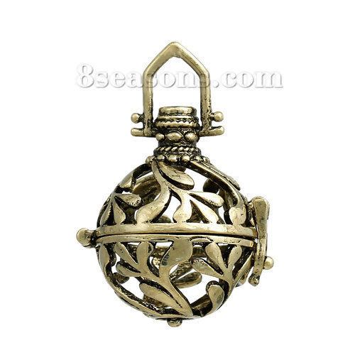 Picture of Brass Mexican Angel Caller Bola Harmony Ball Wish Box Pendants Antique Bronze (Can Hold ss16 Rhinestone) Leaf Carved Can Open (Fit Bead Size: 16mm) 36mm(1 3/8") x 25mm(1"), 1 Piece
