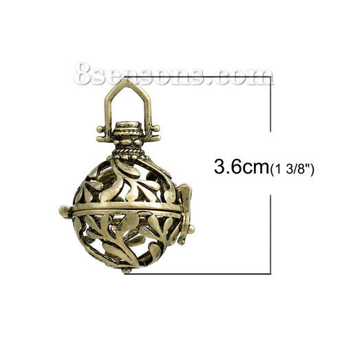 Picture of Brass Mexican Angel Caller Bola Harmony Ball Wish Box Pendants Antique Bronze (Can Hold ss16 Rhinestone) Leaf Carved Can Open (Fit Bead Size: 16mm) 36mm(1 3/8") x 25mm(1"), 1 Piece