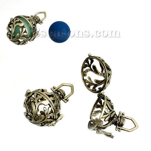 Picture of Brass Mexican Angel Caller Bola Harmony Ball Wish Box Pendants Antique Bronze (Can Hold ss16 Rhinestone) Leaf Carved Can Open (Fit Bead Size: 16mm) 36mm(1 3/8") x 25mm(1"), 1 Piece