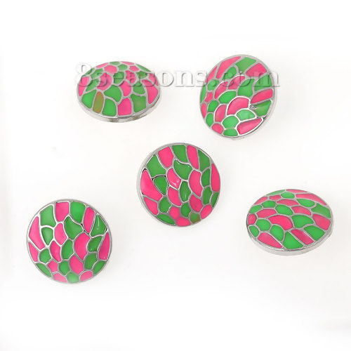 Image de 16mm Bouton Pression en Alliage de Zinc Rond Argent Mat Vert & Rose Foncé Émail Géométrique pour Support Bracelet, Taille de Poignée: 4.8mm, 1 Pièce