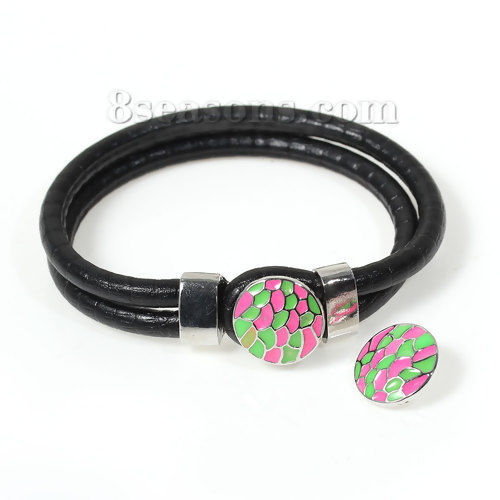 Image de 16mm Bouton Pression en Alliage de Zinc Rond Argent Mat Vert & Rose Foncé Émail Géométrique pour Support Bracelet, Taille de Poignée: 4.8mm, 1 Pièce
