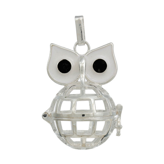 Picture of Brass Mexican Angel Caller Bola Harmony Ball Wish Box Pendants Silver Plated Owl Eye White Enamel Black Rhinestone Can Open (Fit Bead Size: 20mm) 47mm(1 7/8") x 28mm(1 1/8"), 1 Piece
