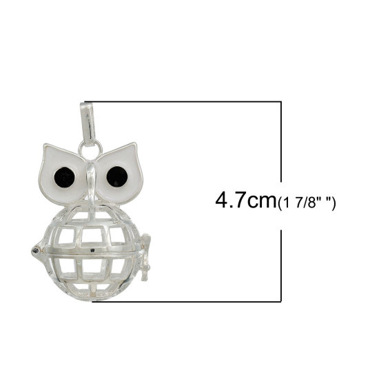 Picture of Brass Mexican Angel Caller Bola Harmony Ball Wish Box Pendants Silver Plated Owl Eye White Enamel Black Rhinestone Can Open (Fit Bead Size: 20mm) 47mm(1 7/8") x 28mm(1 1/8"), 1 Piece