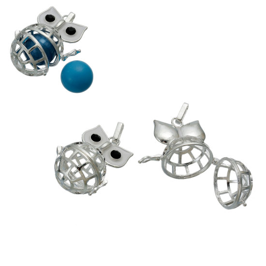 Picture of Brass Mexican Angel Caller Bola Harmony Ball Wish Box Pendants Silver Plated Owl Eye White Enamel Black Rhinestone Can Open (Fit Bead Size: 20mm) 47mm(1 7/8") x 28mm(1 1/8"), 1 Piece