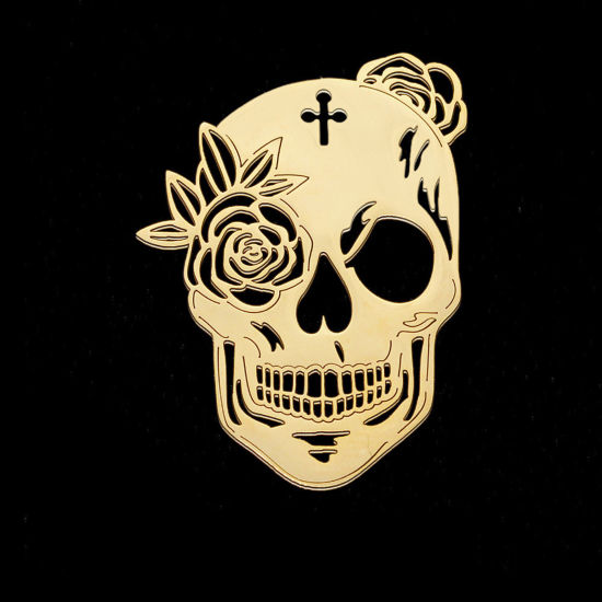 Bild von Edelstahl Halloween Anhänger Schädel Vergoldet Rose 4.2cm x 2.9cm, 1 Stück