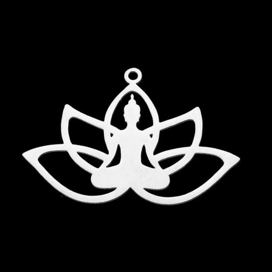 Bild von Edelstahl Religiös Anhänger Buddha Silberfarbe Lotosblume 3.7cm x 2.5cm, 1 Stück