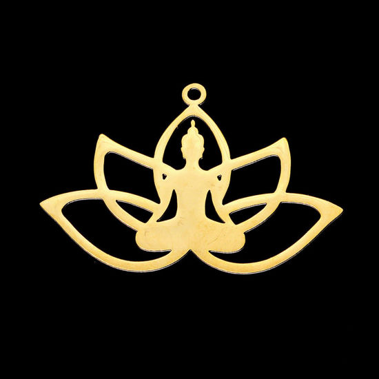 Bild von Edelstahl Religiös Anhänger Buddha Vergoldet Lotosblume 3.7cm x 2.5cm, 1 Stück