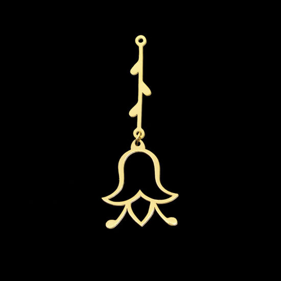 Immagine di Acciaio Inossidabile Ciondoli Fiore Oro Placcato 52mm x 19mm, 1 Pz