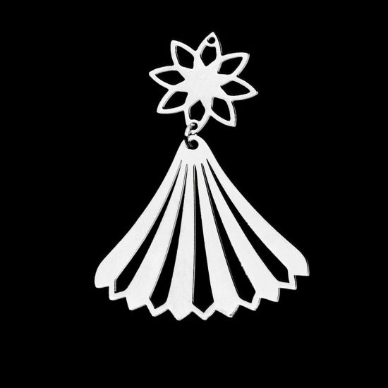 Immagine di Acciaio Inossidabile Ciondoli A Forma di Ventagli Tono Argento Fiore 48mm x 34mm, 1 Pz