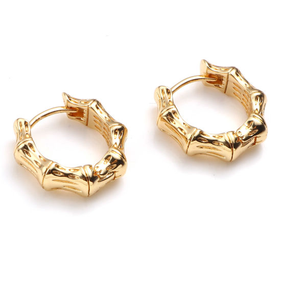 Image de Boucles d'Oreilles Créole Anneaux en Laiton Plaqué Or Véritable 18K Nœud de Bambou Anneau 15mm x 14mm, Taille de Poste/Fil: (20 gauge), 2 Pcs