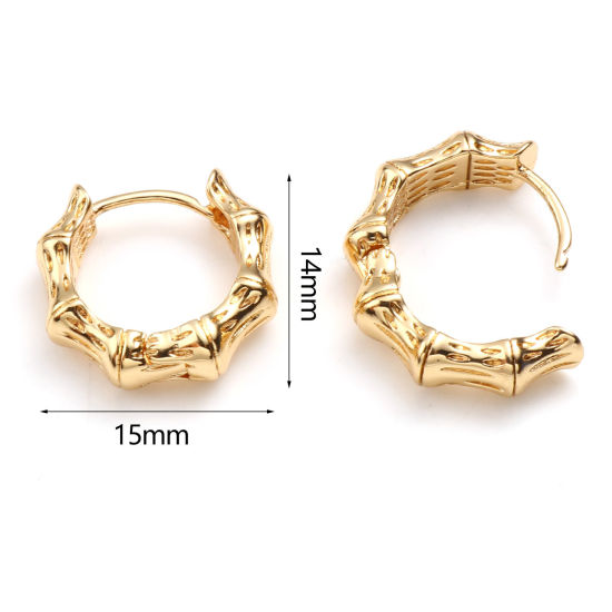 Image de Boucles d'Oreilles Créole Anneaux en Laiton Plaqué Or Véritable 18K Nœud de Bambou Anneau 15mm x 14mm, Taille de Poste/Fil: (20 gauge), 2 Pcs