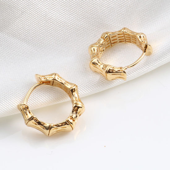 Image de Boucles d'Oreilles Créole Anneaux en Laiton Plaqué Or Véritable 18K Nœud de Bambou Anneau 15mm x 14mm, Taille de Poste/Fil: (20 gauge), 2 Pcs