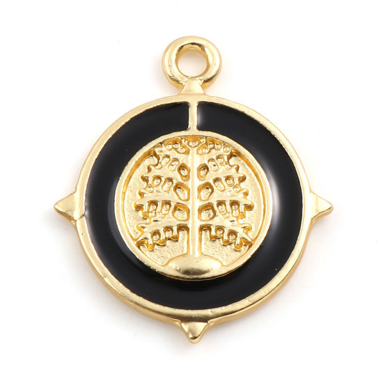 Immagine di Lega di Zinco Charms Tondo Oro Opaco Nero Albero di Vita Smalto 24mm x 20.5mm , 5 Pz