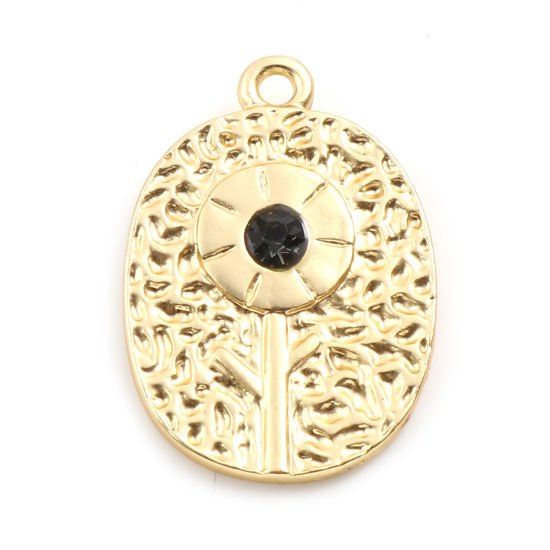 Immagine di Lega di Zinco Charms Ovale Oro Opaco Fiore Verde Scuro Strass 25mm x 17mm , 5 Pz