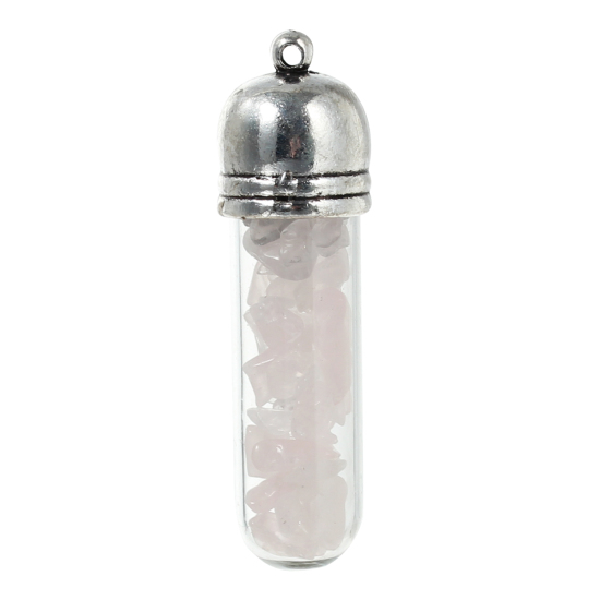 Image de (Classement B) Druzy Pendentifs en Quartz Rose ( Naturel) Forme Bouteille Argent Vieilli Rose Clair 49mm x 14mm, 1 Pièce