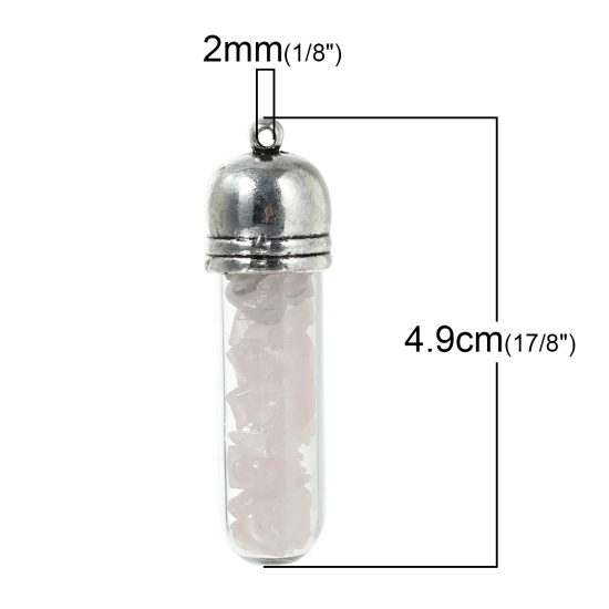 Image de (Classement B) Druzy Pendentifs en Quartz Rose ( Naturel) Forme Bouteille Argent Vieilli Rose Clair 49mm x 14mm, 1 Pièce