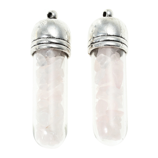 Image de (Classement B) Druzy Pendentifs en Quartz Rose ( Naturel) Forme Bouteille Argent Vieilli Rose Clair 49mm x 14mm, 1 Pièce