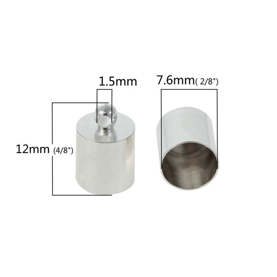 真鍮 エンドパーツ カツラ キャップ式留め具 円筒形 シルバートーン ( 7mmコードサイズに合う)12mm x 8mm、 20 個 の画像