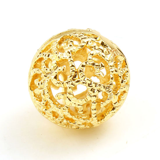 Image de Perles en Laiton Plaqué Or Véritable 18K Rond Fleurs Creuses Env. 10mm Dia., Trou: Env. 1.5mm, 2 Pcs