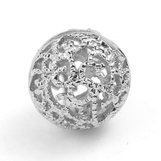 Image de Perles en Laiton Plaqué Platine Véritable Rond Fleurs Creuses Env. 10mm Dia., Trou: Env. 1.5mm, 2 Pcs