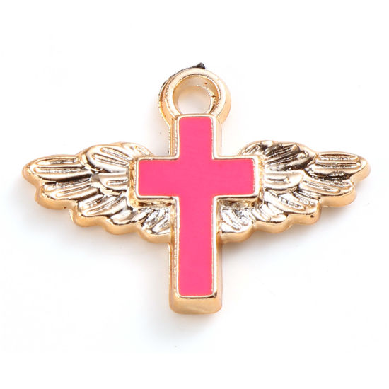 CCB プラスチック 宗教 チャーム クロス ローズゴールド フクシア色 エナメル 翼柄 29mm x 22mm、 10 個 の画像