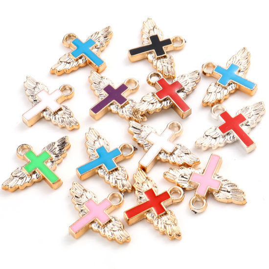 CCB プラスチック 宗教 チャーム クロス ローズゴールド  ランダムな色 エナメル 翼柄 29mm x 22mm、 10 個 の画像