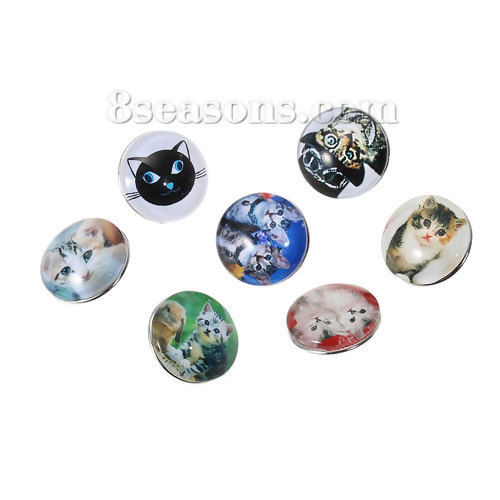 Image de 18mm Bouton Pression en Verre Rond Argent Mat Couleur Au Hasard Chats pour Support Bracelet, Taille de Poignée: 5.5mm, 6 Pcs