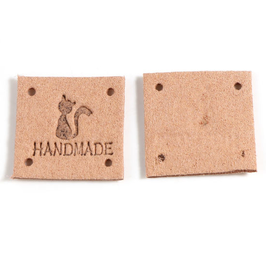 マイクロファイバー ラベル 正方形 アプリコット色 猫 " Handmade " 人造スエード 25mm x 25mm 、 20 個 の画像