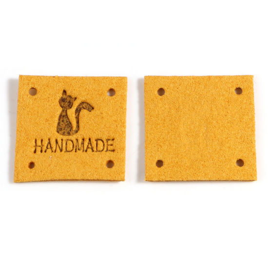 マイクロファイバー ラベル 正方形 ジンジャー色 猫 " Handmade " 人造スエード 25mm x 25mm 、 20 個 の画像