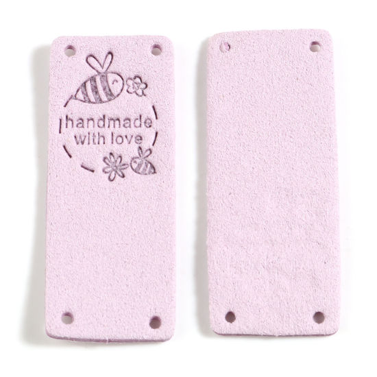 マイクロファイバー 昆虫 ラベル 長方形 紫 蜂 " Hand Made With Love " 人造スエード 50mm x 20mm 、 10 個 の画像