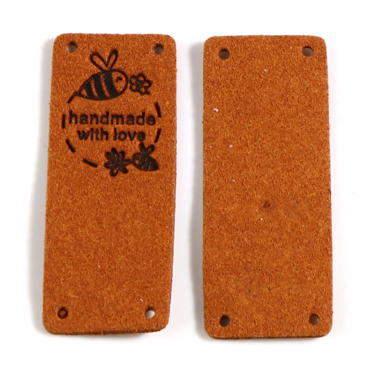 マイクロファイバー 昆虫 ラベル 長方形 ブラウン 蜂 " Hand Made With Love " 人造スエード 50mm x 20mm 、 10 個 の画像