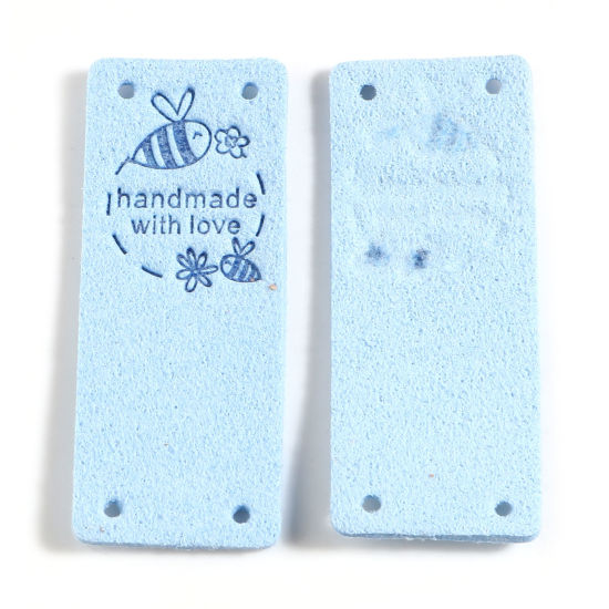 マイクロファイバー 昆虫 ラベル 長方形 空色 蜂 " Hand Made With Love " 人造スエード 50mm x 20mm 、 10 個 の画像