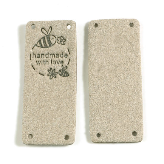 マイクロファイバー 昆虫 ラベル 長方形 灰緑色 蜂 " Hand Made With Love " 人造スエード 50mm x 20mm 、 10 個 の画像