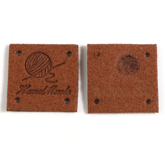 マイクロファイバー ラベル 糸の玉 コーヒー色 正方形 " Handmade " 人造スエード 25mm x 25mm 、 20 個 の画像
