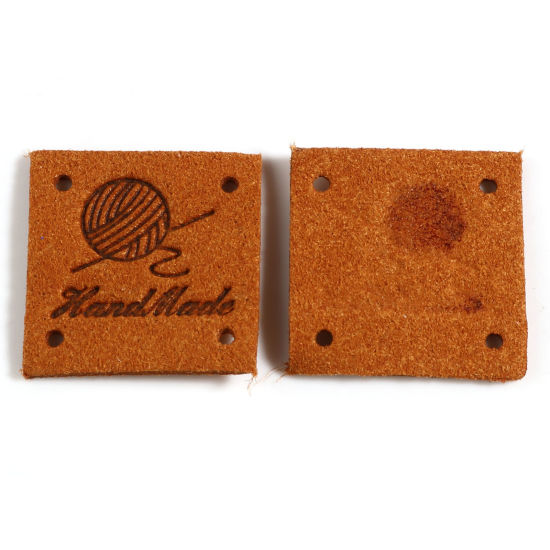 マイクロファイバー ラベル 糸の玉 ブラウン 正方形 " Handmade " 人造スエード 25mm x 25mm 、 20 個 の画像