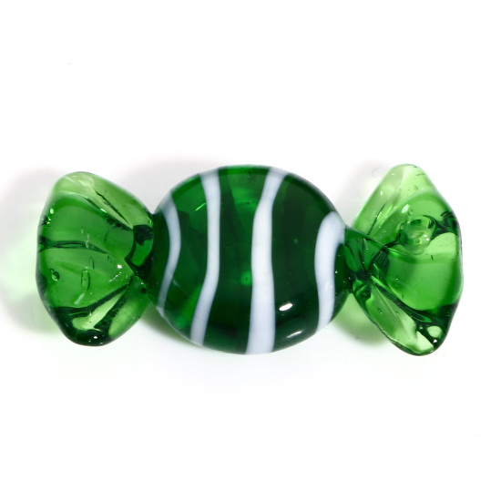 Image de Perles en Verre Bonbon Noir & Vert Rayées 3cm x 1.3cm, Trou: 1mm, 2 Pcs