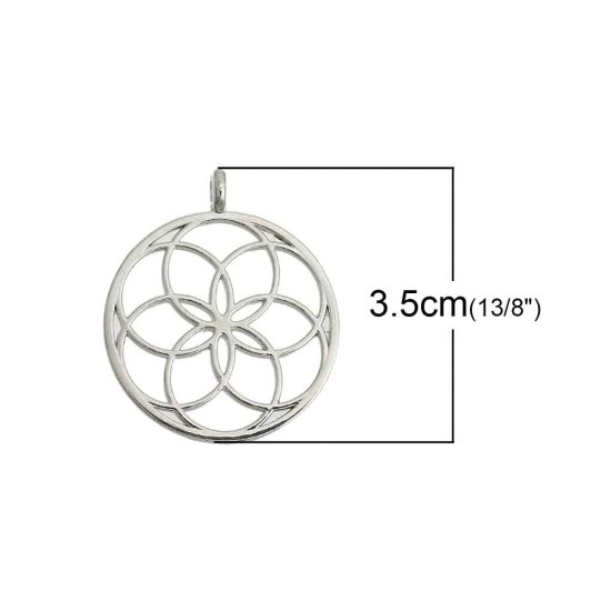 亜鉛合金 チャーム ペンダント 円形 シルバートーン 生命の種彫刻 透かし 35mmx 30mm、 5 個 の画像