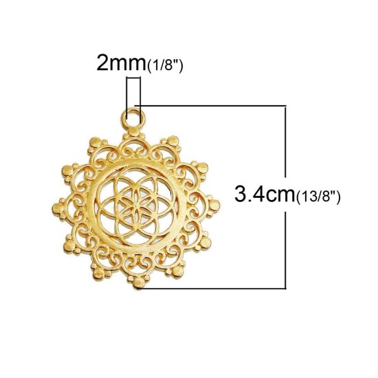 亜鉛合金 チャーム ペンダント フラワー 金メッキ 生命の種彫刻 透かし 34mmx 30mm、 5 個 の画像