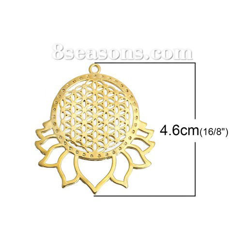 真鍮 生命の花 ペンダント 金メッキ 透かし彫刻 4.6cmx 4cm、 1 個 の画像
