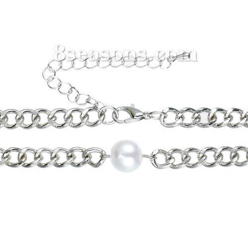 ファション アクリル チョーカーネックレス シルバートーン 白 パール模造 アクリルビーズ 32cm長さ、 1 本 の画像