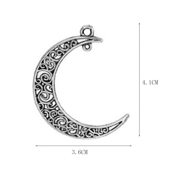 Picture of Zinc Based Alloy Pendants Half Moon Antique Silver Color Hollow 4.1cm(1 5/8") x 3.6cm(1 3/8"), 20 PCs
