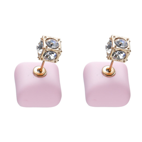 アクリル ダブルキャッチ ピアス 正方形 金メッキ 薄ピンク 透明ラインストーン ゴム模造 ピアスキャッチ付 15mm x15mm 8mm x 8mm、 1 ペア の画像