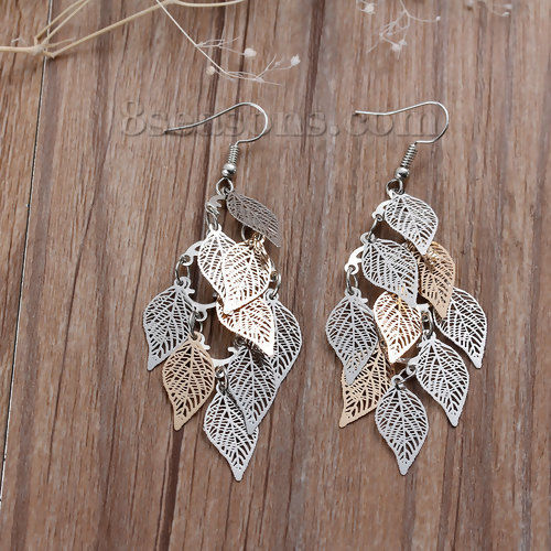 Image de Boucles d'Oreilles Crochets Estampe en Filigrane en Laiton Feuille Creux Doré & Argent Mat 80mm, Epaisseur de Fil: (21 gauge), 1 Paire