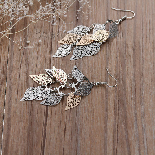Image de Boucles d'Oreilles Crochets Estampe en Filigrane en Laiton Feuille Creux Doré & Argent Mat 80mm, Epaisseur de Fil: (21 gauge), 1 Paire