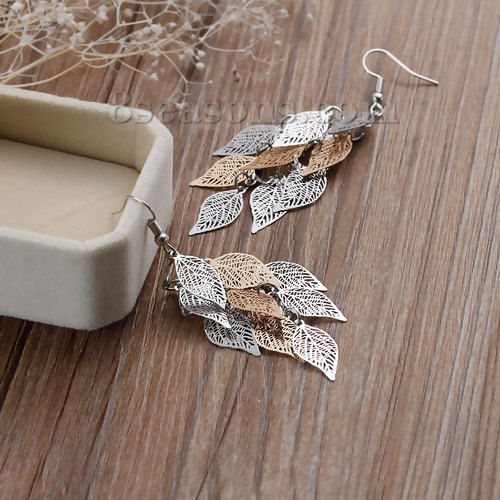Image de Boucles d'Oreilles Crochets Estampe en Filigrane en Laiton Feuille Creux Doré & Argent Mat 80mm, Epaisseur de Fil: (21 gauge), 1 Paire