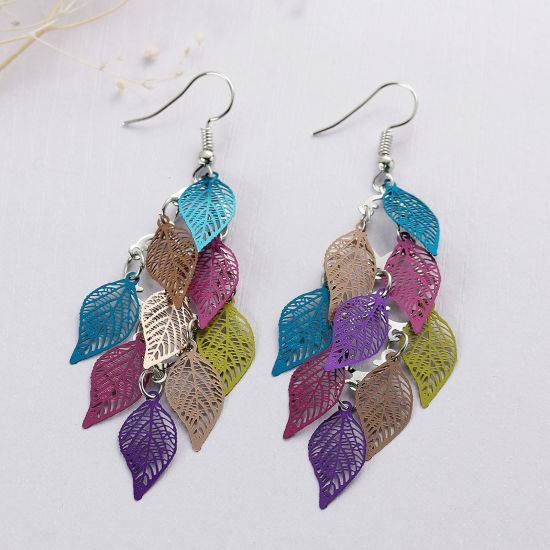 Image de Boucles d'Oreilles Crochets Estampe en Filigrane en Laiton Feuille Email Multicolore 81mm, Epaisseur de Fil: (21 gauge), 1 Paire