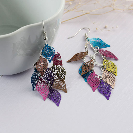 Image de Boucles d'Oreilles Crochets Estampe en Filigrane en Laiton Feuille Email Multicolore 81mm, Epaisseur de Fil: (21 gauge), 1 Paire